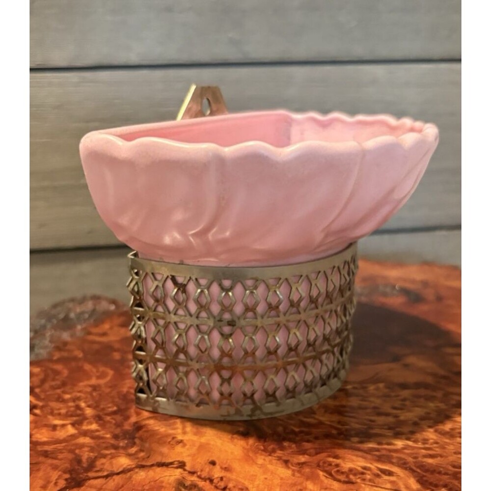 Vintage Gilner Pink Wall Pocket Vase with Metal Frame